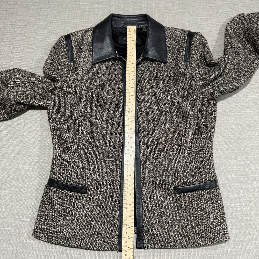 Dana Buchman Wool Blend Open Front Brown Tweed Blazer Black Leather Trim Size 8 - Picture 10 of 11